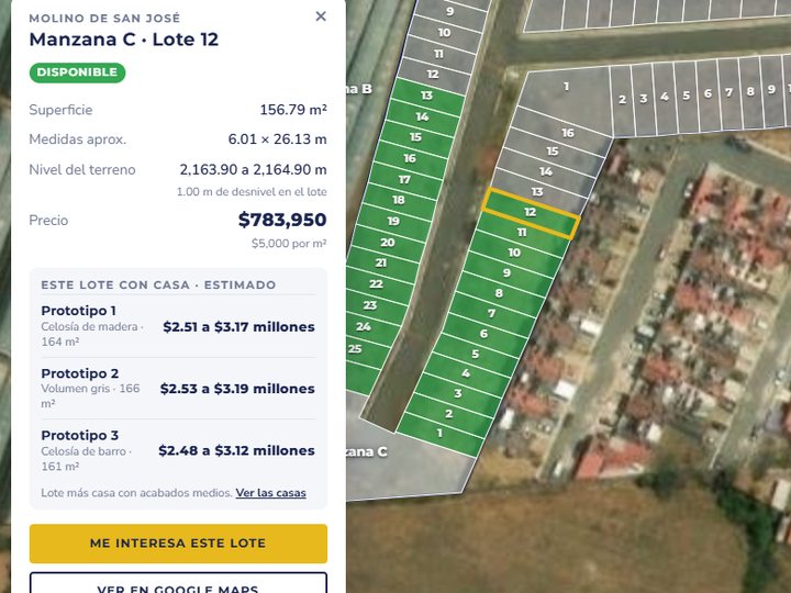 Ficha de un lote en el mapa de inmobiliaria: superficie, medidas, nivel del terreno y precio