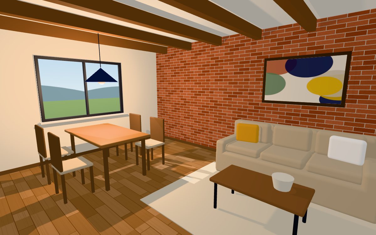 Sala-comedor en 3D con piso de madera, muro de ladrillo aparente y vigas de madera