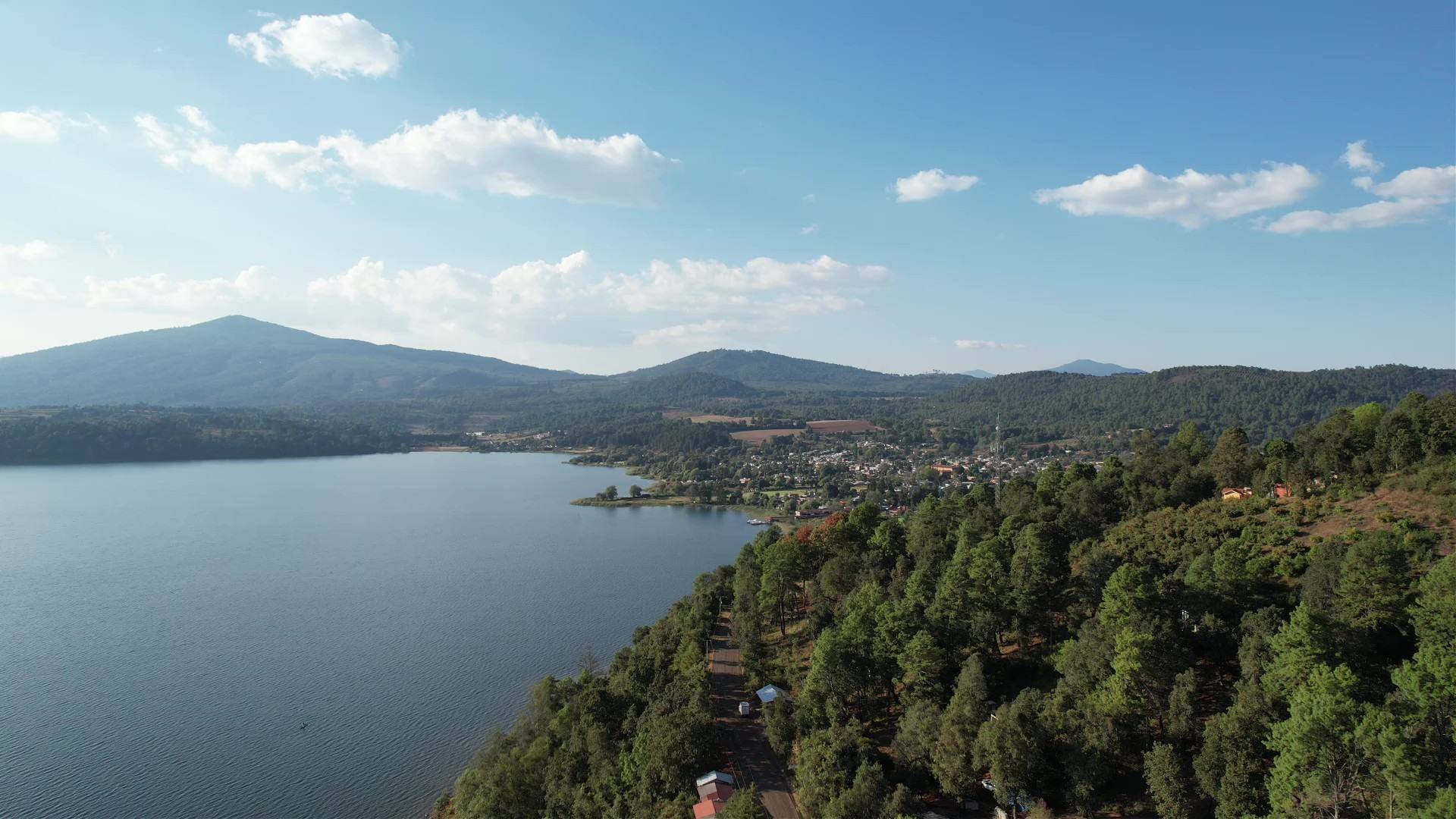 Vista aérea de un lago rodeado de bosque de pino en Michoacán