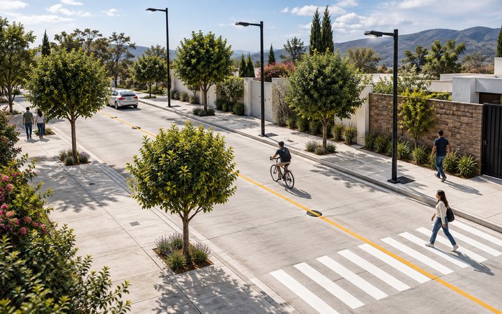 Visualización ilustrativa: Calle de concreto: movilidad y vida cotidiana
