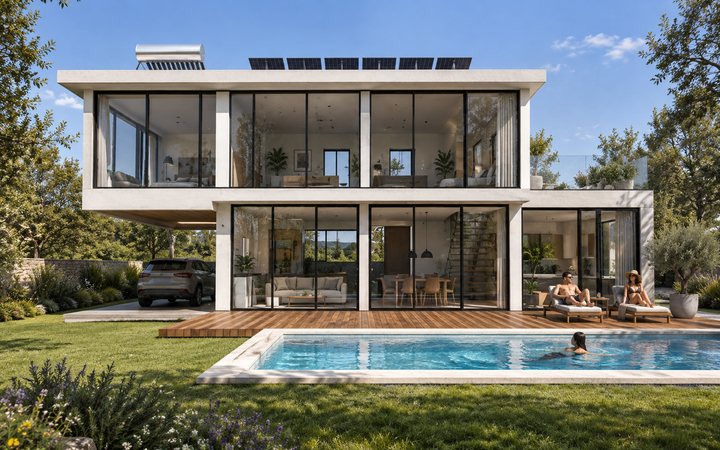 Visualización ilustrativa: Casa moderna: alberca y terraza en uso