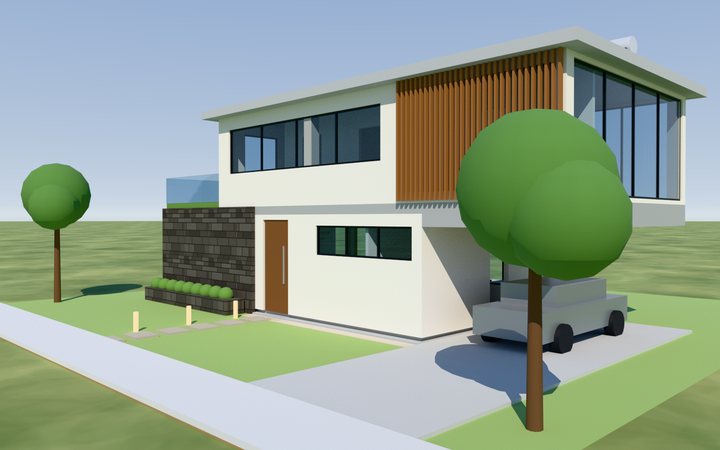 Render del acceso de la casa moderna: muro de piedra volcánica, puerta de madera, celosía y cochera bajo el volado