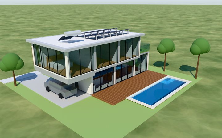 Render de la casa moderna vista desde arriba: dos plantas con ventanales, terraza de madera y alberca