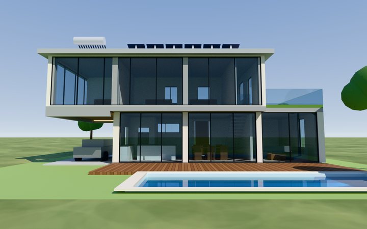 Render de la casa moderna desde el jardín, con la alberca y la terraza de madera al frente