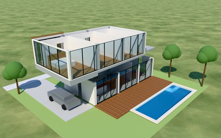 Render de la casa moderna con la planta alta levantada para ver las recámaras por dentro
