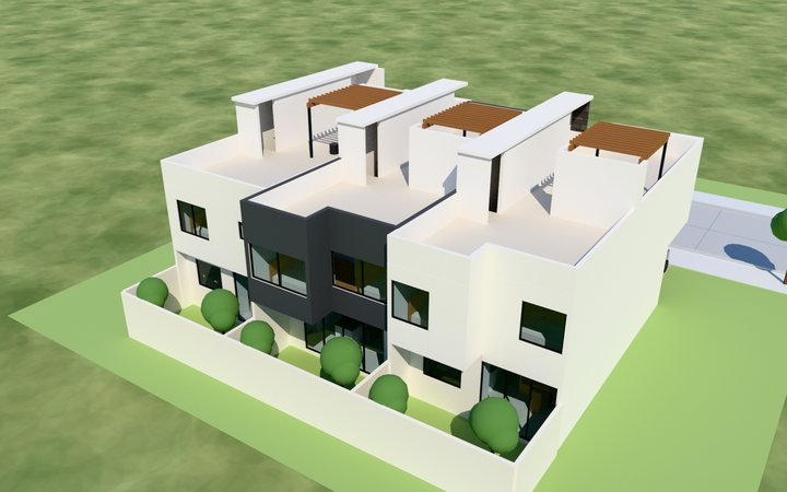 Render de los jardines del fondo y las terrazas con pérgola de las tres casas