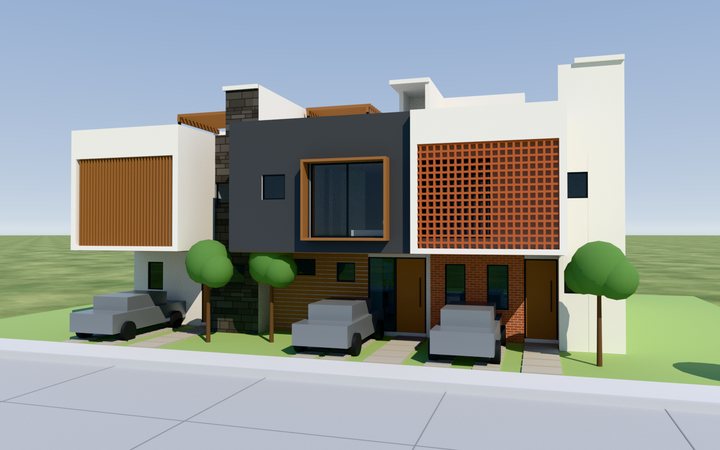 Render de las tres casas prototipo de Molino de San José desde la calle: celosía de madera, volumen gris y celosía de barro
