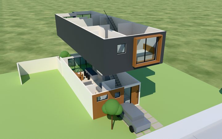 Render del prototipo 2 con la planta alta levantada para ver la sala, la cocina y las recámaras