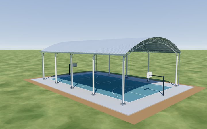 Render de la techumbre de arcos de acero sobre una cancha de usos múltiples
