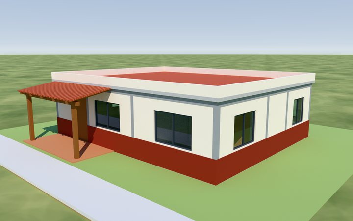 Render de la casa tradicional de una planta con rodapié rojo óxido y portal de teja