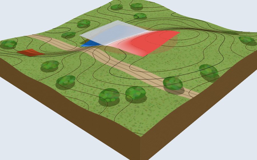 Plataforma con zonas de corte en rojo y de relleno en azul