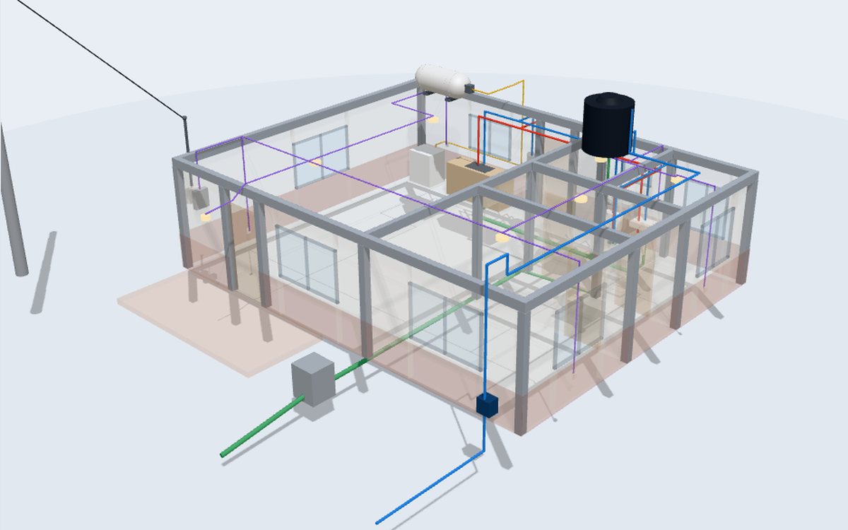 Casa en 3D con sus instalaciones de agua, drenaje, electricidad y gas