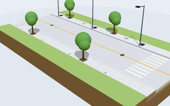 Calle de concreto en 3D con banquetas, árboles y alumbrado