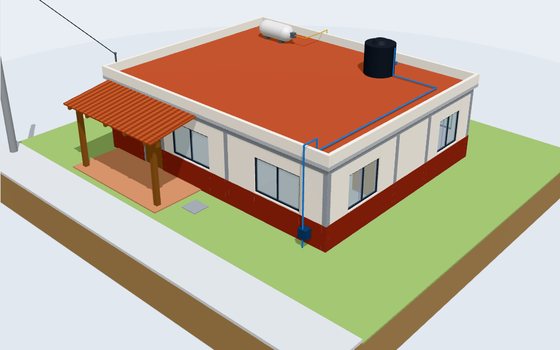 Casa de una planta en 3D con portal de teja