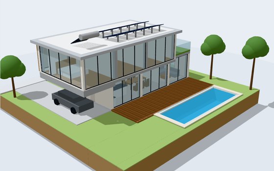 Casa moderna de dos plantas en 3D con volado, alberca y paneles solares