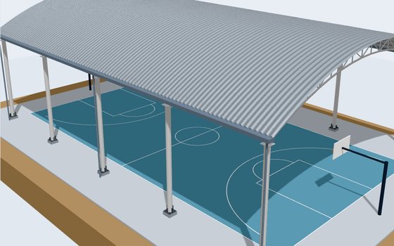 Techumbre de arcos de acero sobre una cancha en 3D